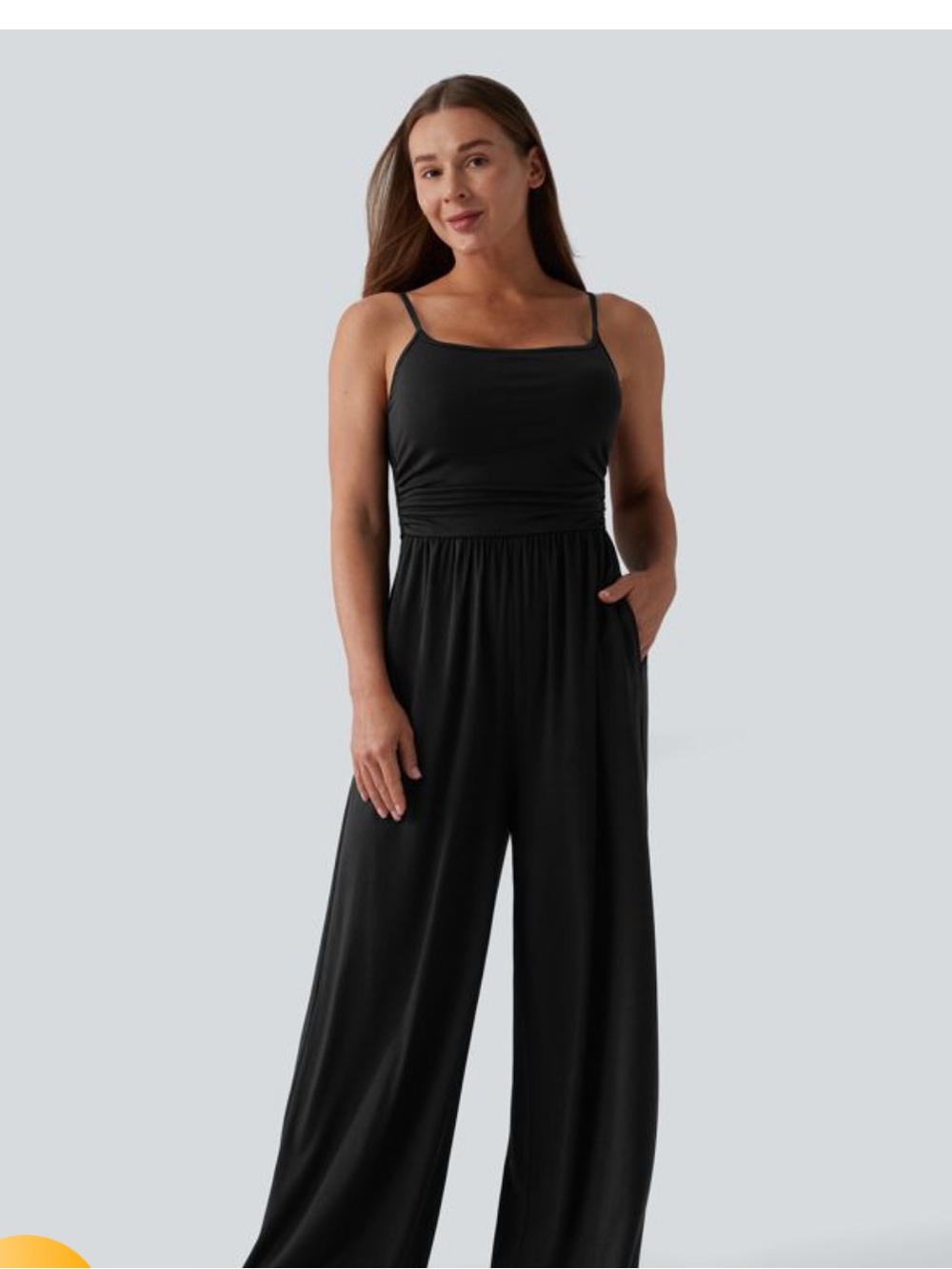 HALARA Black Wide-Leg Spaghetti-Strap Jumpsuit with Elastic Waist and Pockets